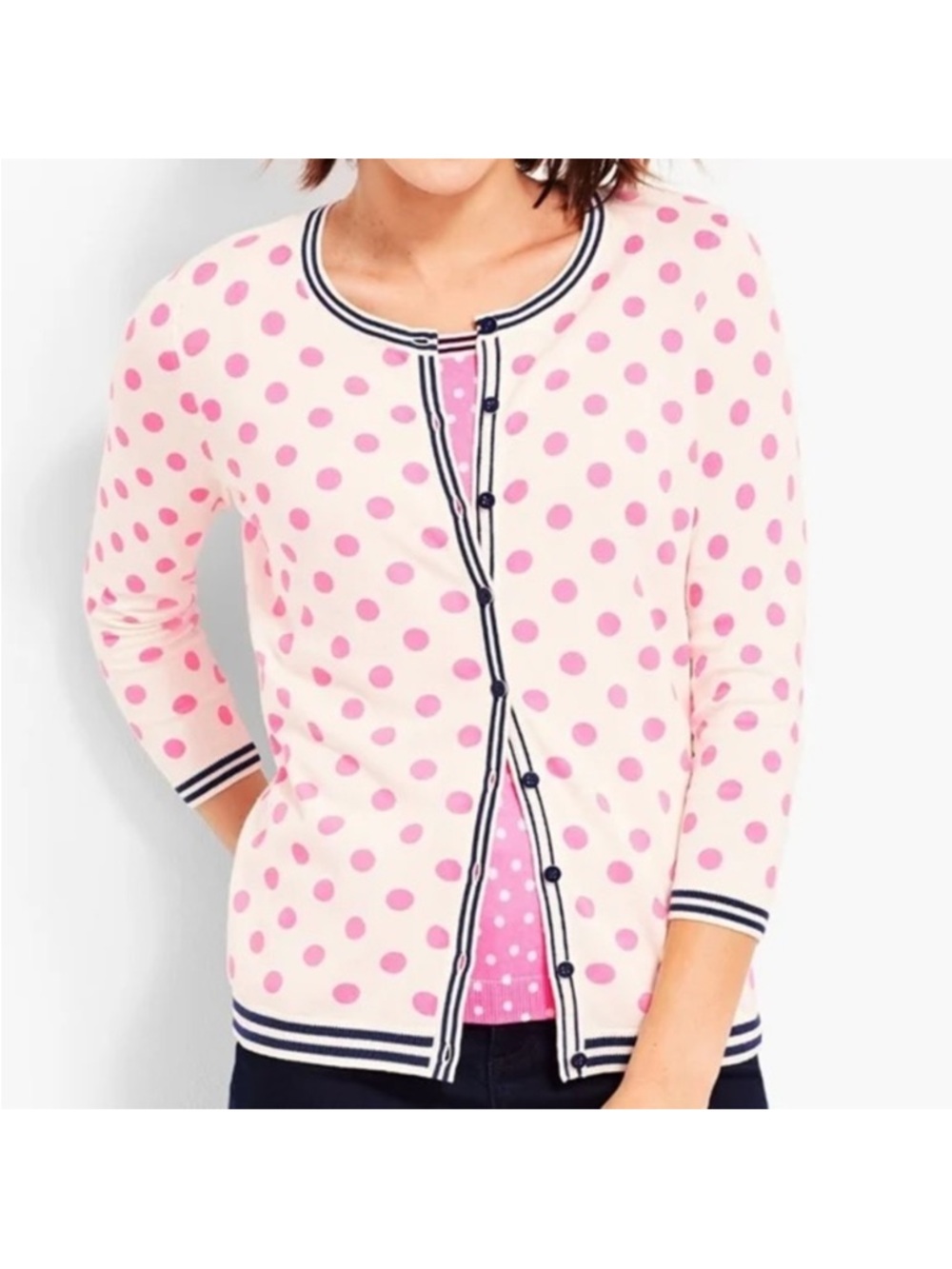 Talbots Cream and white ,Pink Polka Dot Cardigan with Navy Trim 2 psc. Sz. Xs/P